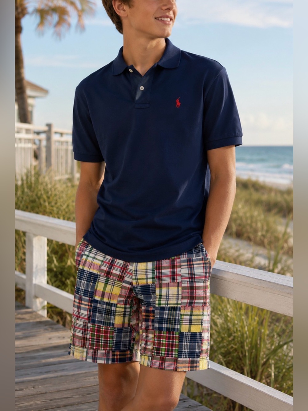 Polo Ralph Lauren Boys Youth Size 14 Colorful Patchwork Plaid Shorts Navy Pony